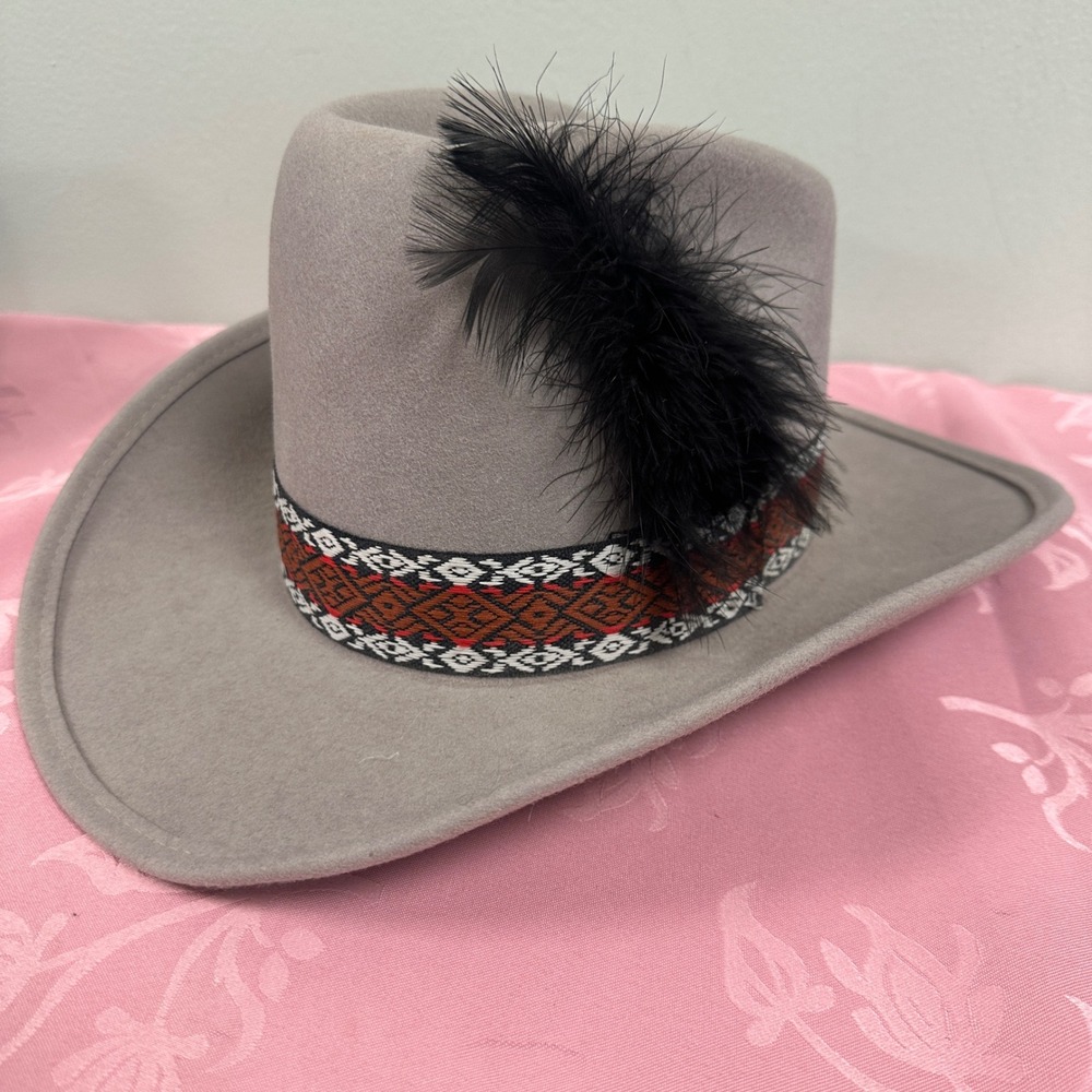 Longhorn Grey 100% Wool Cowboy Hat with Patterned Band and Feather Large